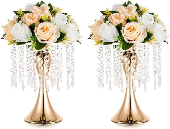 Gold Vases for Centerpieces, 10.2in Crystal Flower Arrangement Stand, Wedding Centerpieces for Tables, Tall Metal Flower Vase Holders for Wedding, Event, Reception, Birthday, Home Decor, 2 Pcs