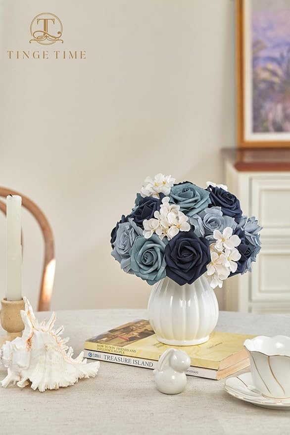 TINGE TIME Navy Blue Artificial Flowers Combo Box Set, Gradient Color Fake Flower Leaf with Stems for DIY Wedding Bouquets Table Centerpieces Baby Shower Home Party Floral Arrangements Decorations