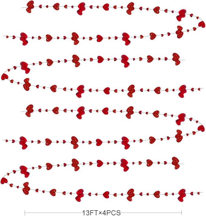 pinkblume Valentines Day Party Decoration Red Heart Garland Metallic Glitter Hanging Heart Streamer Banner for Anniversary Mother's Day Engagement Wedding Bridal Shower Bachelorette Hen Party Supplies