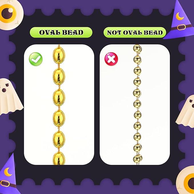 Riceshoot 200 Pcs Gold Bead Necklace Bulk Mardi Gras Oval Beads Necklace Party Favors 33" 7mm Metallic Color Beaded Costume Necklaces for Halloween Christmas Festive Event Accessories