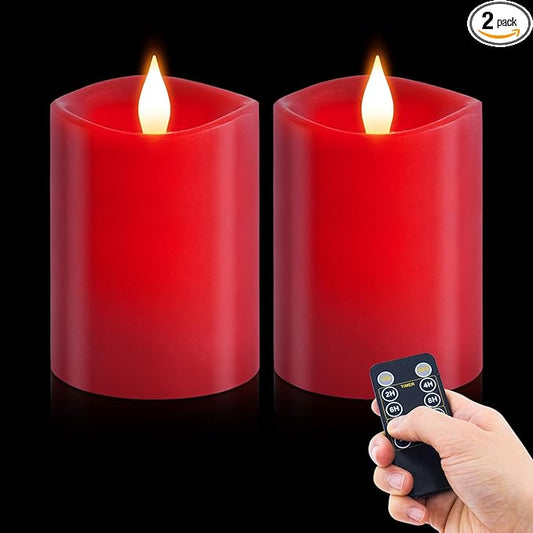 3x4 Flickering Flameless Candles Set of 2,Real Wax led Candles Flickering,with Timer,4 inch Flameless Candles with Remote,Battery Operated Candles,for Party Wedding Holiday Home Decor,Red