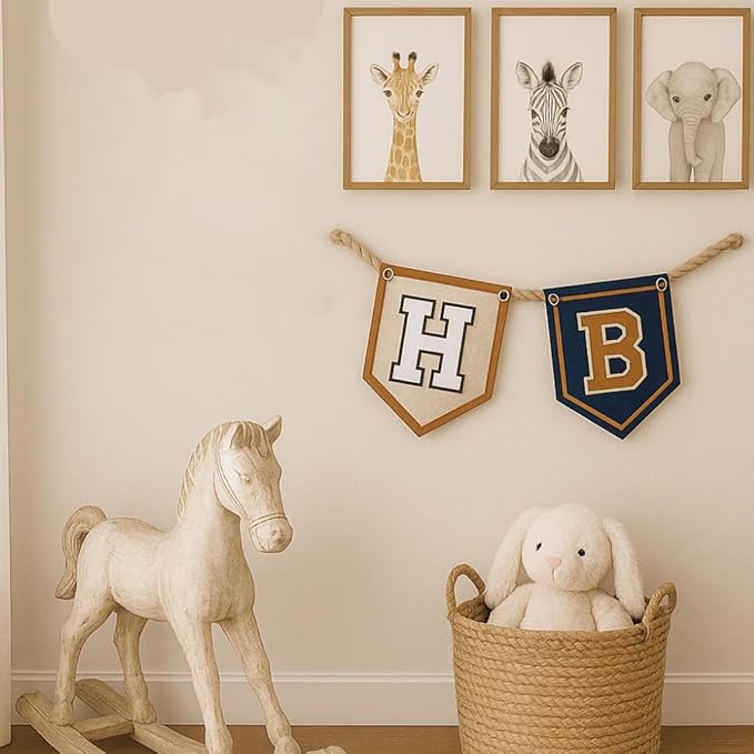 Personalized Name Pennant Flag, Handmade Custom Initial Felt Nursery Pennant for Boy Girl, Baby Name Banner Flag Wall Hanging for Toddler Bedroom Dorm Baby Shower Kids Room