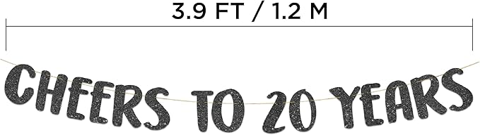 Cheers to 20 Years Black Glitter Banner - 20th Anniversary and Birthday Party Decorations