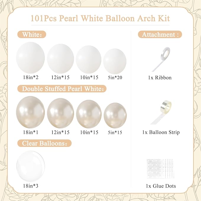 Pearl White Balloon Arch Kit 101Pcs Double Stuffed Pearl Balloons Garland Arch Kit Including Pearl White Clear Balloons for Wedding Bridal Shower Engagement Baby Shower Birthday Party Decorations
