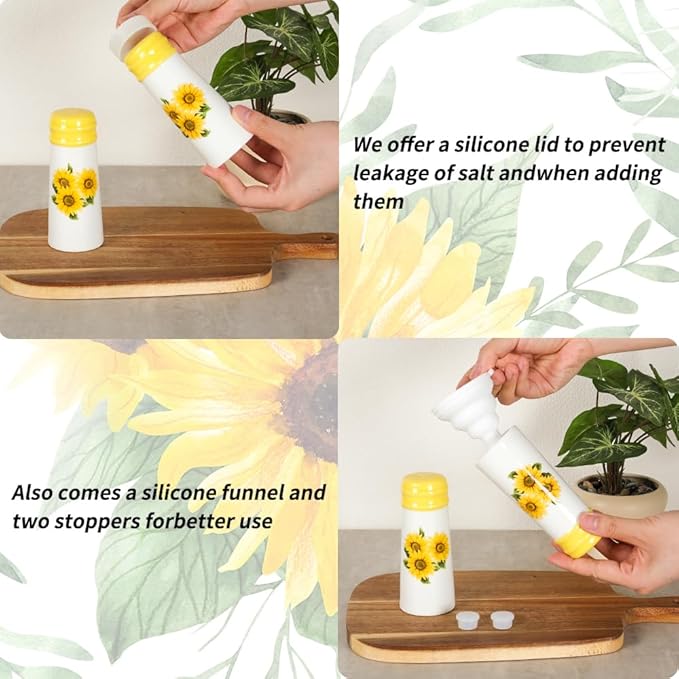 Salt and Pepper Shakers Set - HAPPY KIT 2-Count Ceramic Salt and Pepper Grinder Set with Silicone Lid and Funnel for Table, RV, Camp, BBQ Gift Box Ready (Sunflower)
