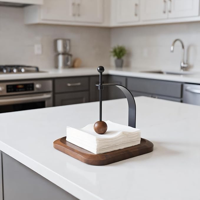 Walnut Wood Napkin Holder for Table,Elegant Wooden Square for Table Dispenser with Weighted,Suitable for Kitchen Restaurant Bar Office Parties Home Décor Hotel Cafe (Walnut)