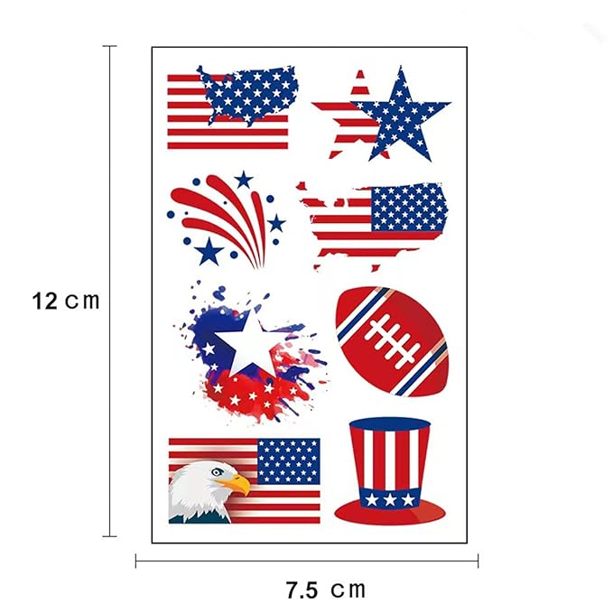 4th of July Temporary Tattoos Kids Adults, 90pcs American Flag Red White Blue Fake Tattoo Stickers, Independence Day Fourth of July Body Art USA National Memorial Decorations for Labor Day Party