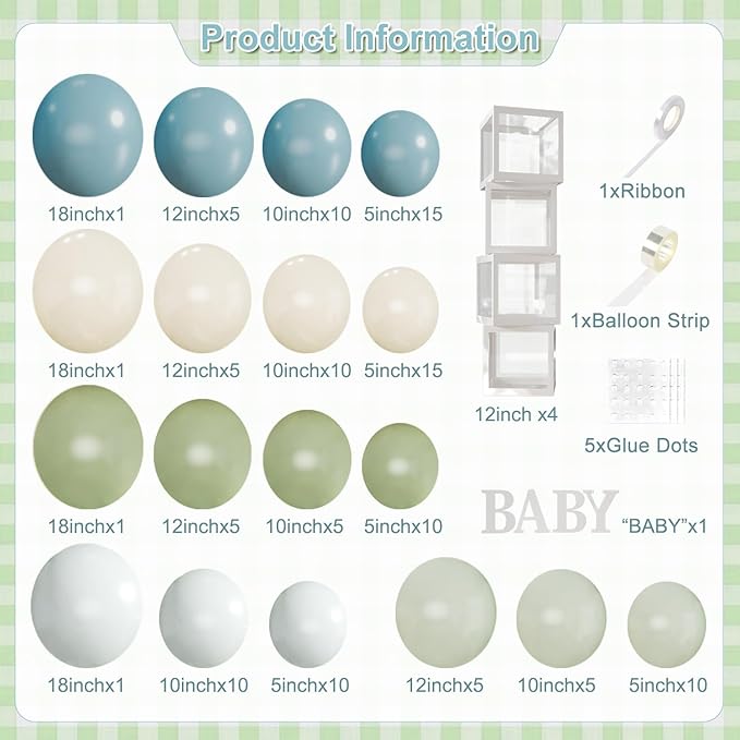 Dusty Blue Sage Green Balloon Baby Shower Decorations, 132Pcs Fog Blue Light Blue Green Sand White Balloon Arch Garland Kit Baby Box with Letters for Boho Baby Shower Gender Reveal Party Decorations