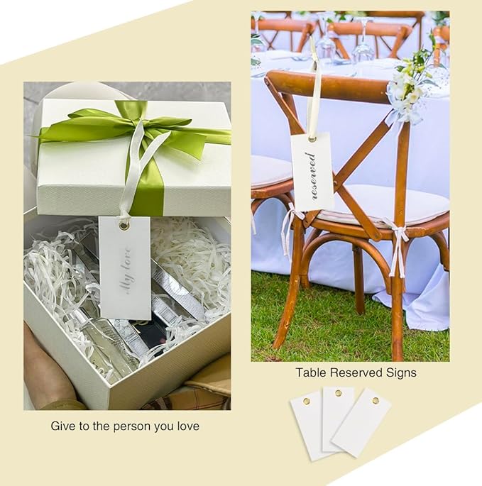 25 Pcs Name Place Cards Blank Seat Card, 2 x 4 in Table Cards with Stain Ribbon, Wedding Place Card, Hanging Tags for Wedding table Setting Reserved Chairs Signs Dinner Banquet Parties.(Beige)