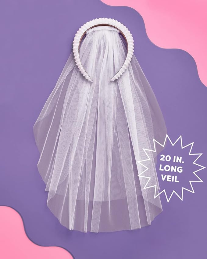 xo, Fetti Bachelorette Party Decorations Pearl Headband with Detachable Veil | White Headpiece Bridal Shower Gift, Bridesmaid Favors