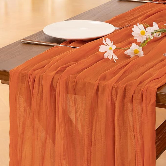 Socomi Orange Fall Thanksgiving Cheesecloth Table Runner Boho Rustic Gauze 120 inch 10FT Cheese Cloth Runner for Wedding Party Baby Shower Birthday Home Decor Holiday Decorations