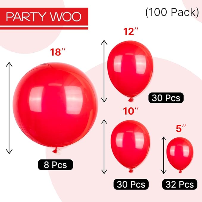 PartyWoo Red Balloons 100 pcs Different Sizes of 18 12 10 5 Inch Matte Red Latex Balloon Arch Kit Garland for Valentine's Day Graduation Memorial Day Christmas Birthday Party Decorations Red-Y57