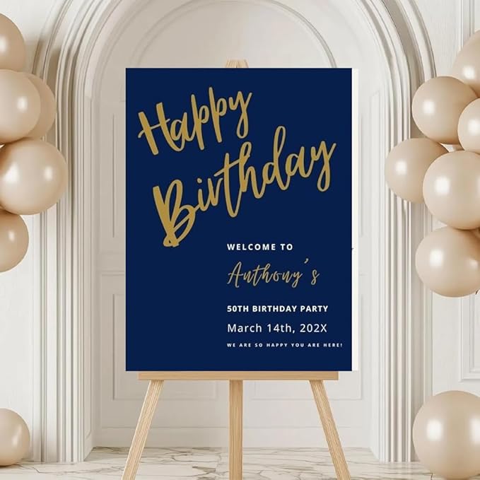 Happy Birthday Welcome Sign Template, Navy Blue 40th 50th 60th 80th or Any Age Welcome Banner, Editable Party Décor, welcome sign for birthday parties