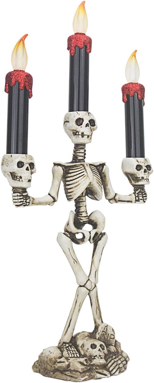 Evelyne GMT-10319 Triple LED Halloween Candles Flameless and Skeleton Candle Holder Stand for Skull Halloween Decoration and Haunted House Decor