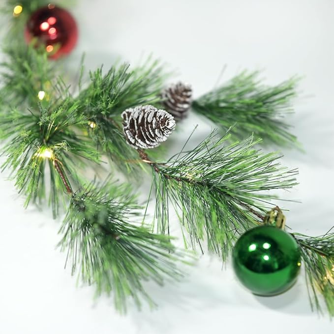 Christmas Garland Lights with Christmas Balls 6.56FT 30 LED Fairy Lights Battery Operated Smokey Pine Garlands with Pine Cones Greenery Garland Wreath for Xmas Tree Holiday Home Mantle Door Decoration