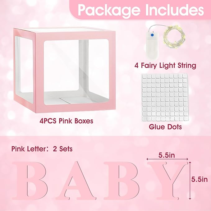 Ledido Baby Boxes with Letters for Baby Shower Decorations, 4 pcs Clear Balloon Boxes Blocks Decor with LED Fairy String Lights for Boy Girl Gender Reveal Decorations Backdrop Party (Pink)