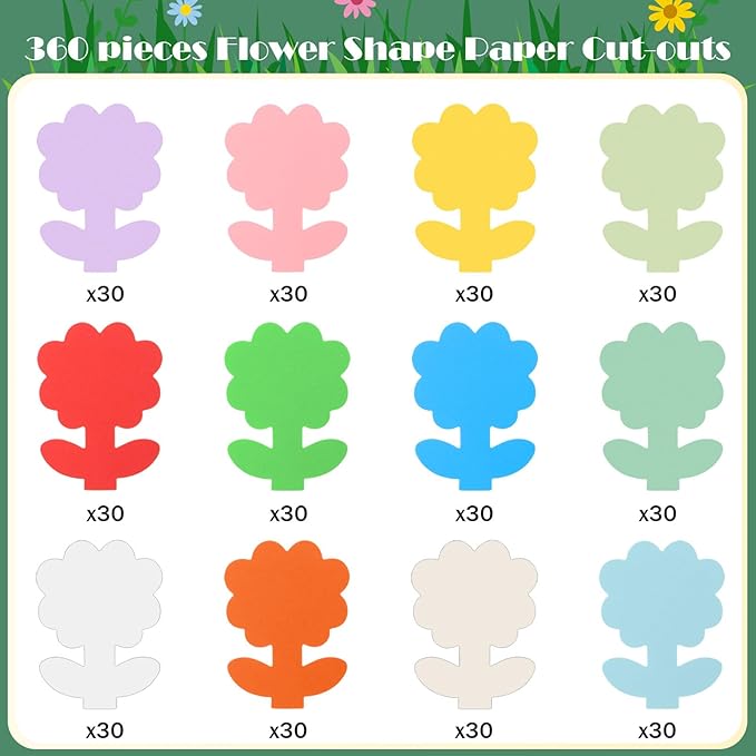 MixTeach 360 Pcs Flowers Cutouts Paper Assorted Color Flower Shape Cards Paper 4 Inch Flower Die Cuts Bulletin Board Decorations for Classroom Home School Decor Kids DIY Craft Project Supplies