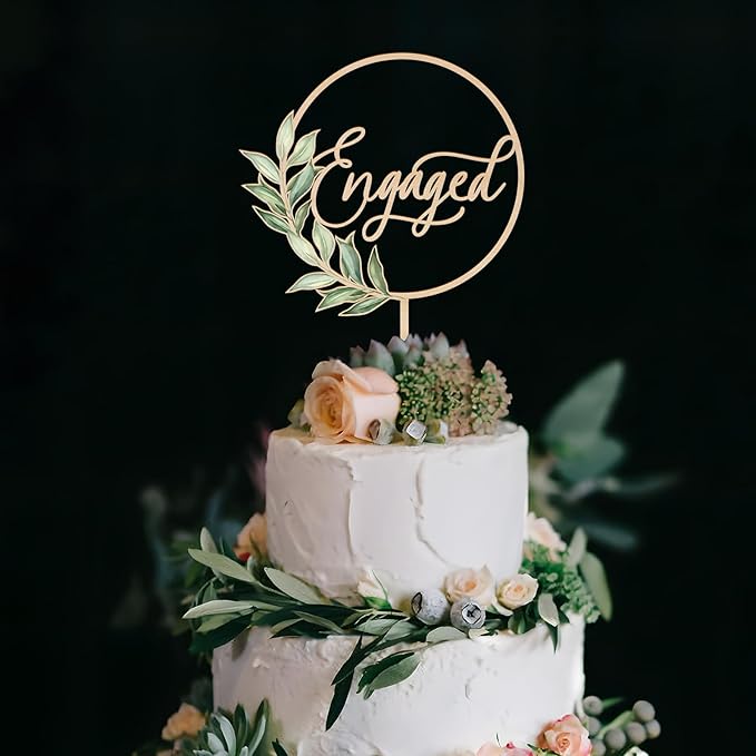 Engaged Cake Topper in Wood Greeny Engagement Cake Topper Decoration