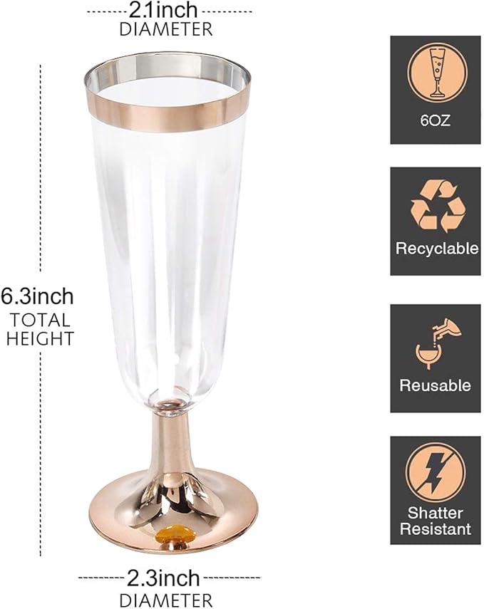 I00000 50 Pack Rose Gold Plastic Champagne Flutes, 5 Oz Fancy Rose Gold Champagne Glasses Plastic Classicware Toasting Glasses Disposable Party Cocktail Cups for Wedding & Party