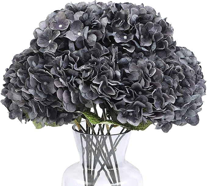 Kimura's Cabin 2Bouquets Fake Flowers Vintage Artificial Silk Hydrangea Flowers Bouquets 10Heads for Indoor Home Table Centerpieces Wedding Halloween Party Decoration (Dusty Black Blue, Pack of 2)