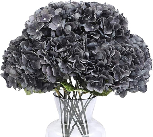 Kimura's Cabin 2Bouquets Fake Flowers Vintage Artificial Silk Hydrangea Flowers Bouquets 10Heads for Indoor Home Table Centerpieces Wedding Halloween Party Decoration (Dusty Black Blue, Pack of 2)