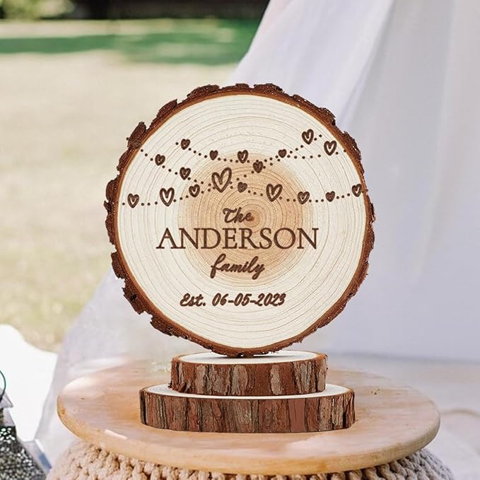 Wedding Cake Topper - Personalized Family Cake Toppers with Anniversary Date, Wooden Engarved Bridal Showers and Events Decorations Handmade Wood Circles Celebration GIfts