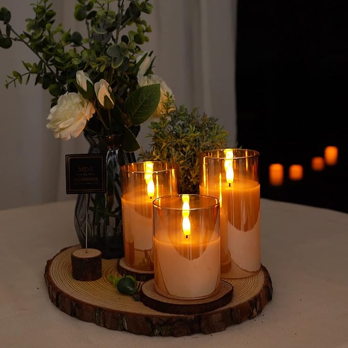 Amagic Gold Glass Flameless Candles Battery Operated with Timer, Remote Control, Flickering LED Fake Pillar Candles for Fall Decoration, Christmas Thanksgiving Decor, Amber, Set of 3
