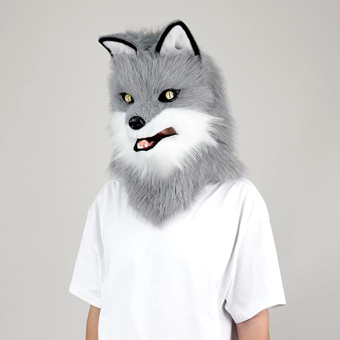Animal Wolf Mask Cosplay Costume Accessories Furry Faux Fur Dog Fox Full Head Therian Masks Anime Dress up Party