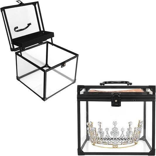 9inches Wide Pageant Crown Box Tiara Carrying Case Extra Large with Sash Holder Clear Acrylic Display Case,Toiletry and Cosmetic Organizer (Black, 230 * 230 * 200mm)