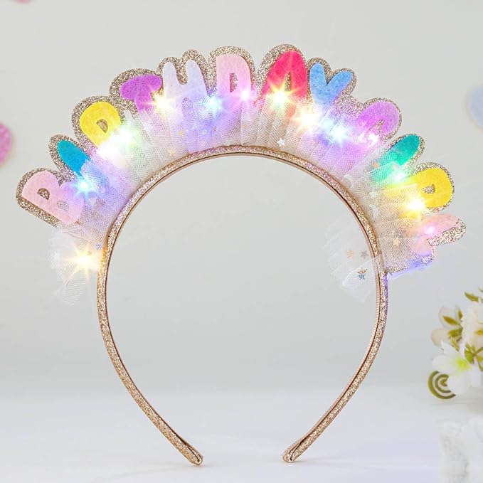Light Up Birthday Girl Headbands LED Pink Birthday Crown Headpiece Glitter Party Hair Accessories for Women (Gold, One Size)