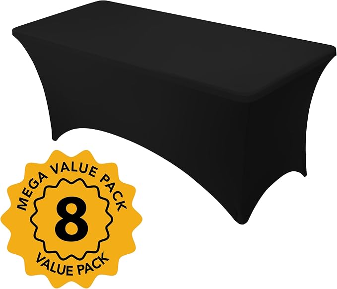 8-Pack Premium Black Spandex Tablecloths for 6ft Rectangle Tables, Stain & Wrinkle-Resistant, Washable Stretch Polyester Fitted Table Cover for Weddings, Banquets, Trade Shows Events