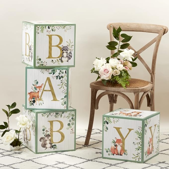 Kate Aspen Woodland Baby Boxes With Letters For Baby Shower Decorations, Gender Reveal Decoration, Photo Prop & Forest Animal Nursery Decor (Set of 4 Stackable Blocks Spells B-A-B-Y)