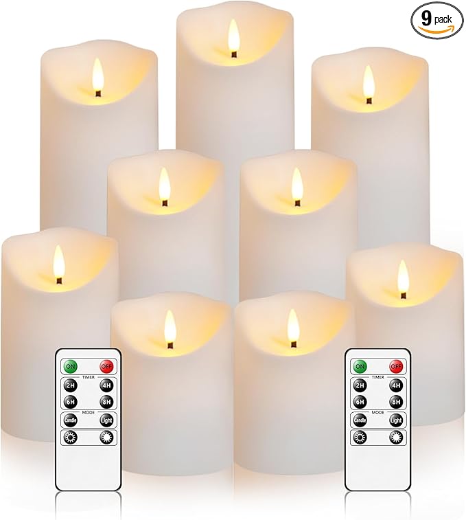 Flameless Candles with Remote, Battery Operated Flickering Flameless Candles, LED Candles with Timer 2/4/6/8H, with Realistic LED Candles Set of 9 (D3 x H 3" 4" 5" 6" 7") (White)