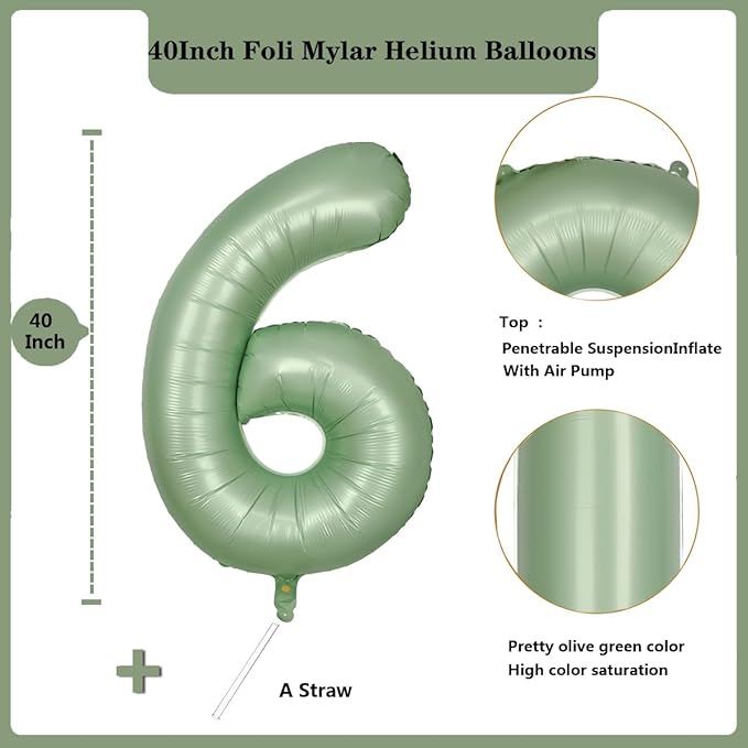 40 Inch Green Number 6 Balloon Olive Green Foil Balloons Sage Green 6 Balloons Mylar Helium Balloon for Birthday Party Decorations Girls Boys Baby Shower Wedding Anniversary Decoration (Number 6)