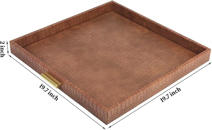 HofferRuffer Elegant Decorative Serving Tray, 20"x20" Square Faux Leather Ottoman Tray with Gold Hardware Handles, Coffee Table Serve Tea Coffee or Breakfast (Antique Brown)