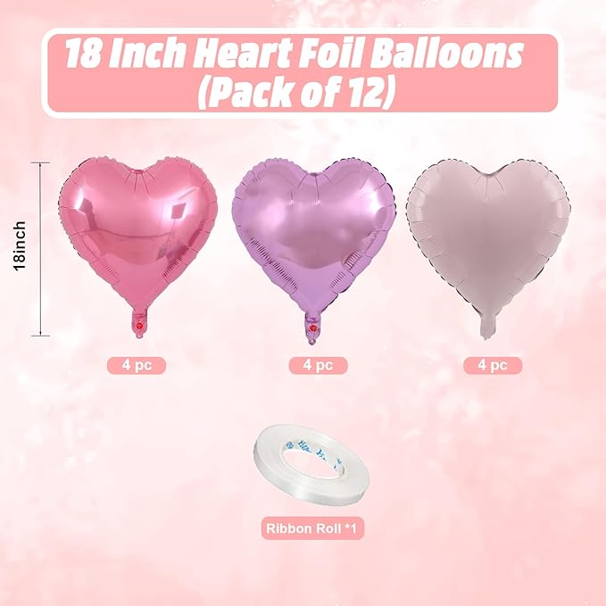 Pink Purple Heart Balloons, 18 Inch Light Purple and Pink Heart Shape Balloons, 12PCS Pastel Pink Purple Helium Foil Heart Balloon for Girls Birthday Marriage Engagement Wedding Party Decoration
