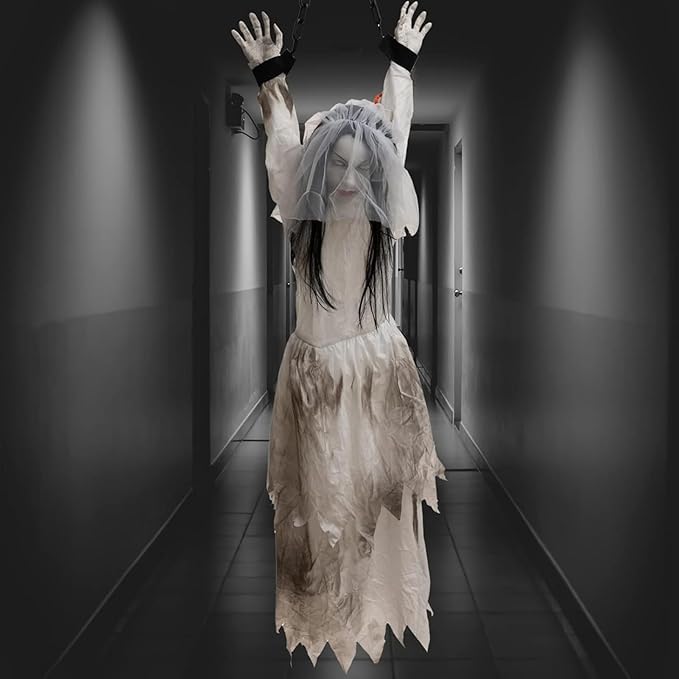 HollyHOME Animated Hanging Bride Ghost Halloween Decor - Glowing Eyes, Creepy Sounds & Shaking Body, Outdoor Scary Haunted House Prop and Yard Decoration 60 Inch