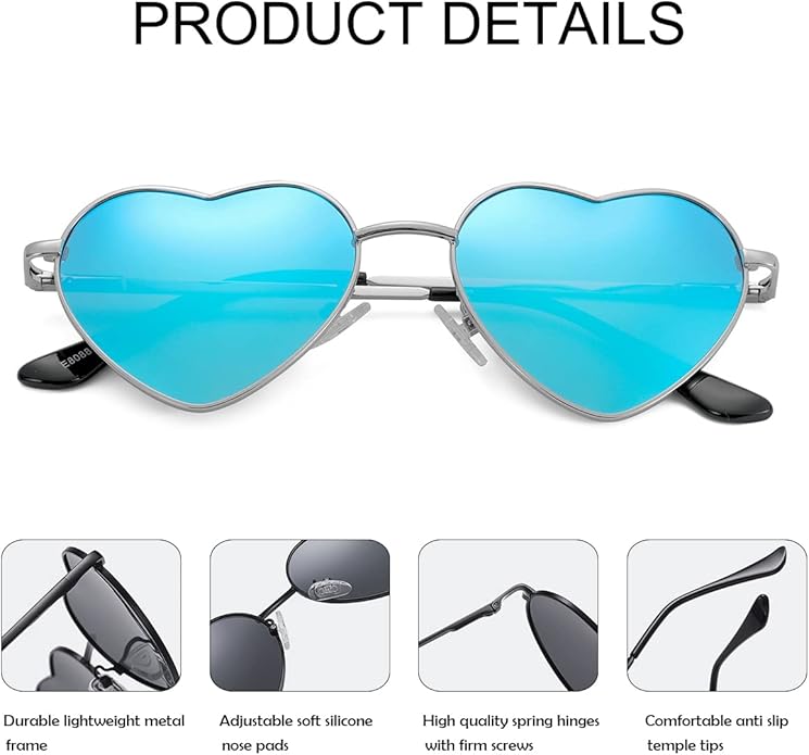 JOVAKIT Polarized Heart Sunglasses for Women Fashion Lovely Style Metal Frame UV400 Protection Lens
