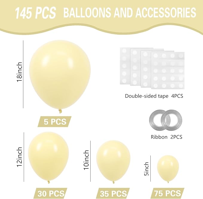 Pastel Yellow Balloons 145pcs Different Sizes 18 12 10 5 Inches Light Yellow Latex Balloon Garland Arch for Birthday Baby Shower Wedding Anniversary Graduation Party Decorations