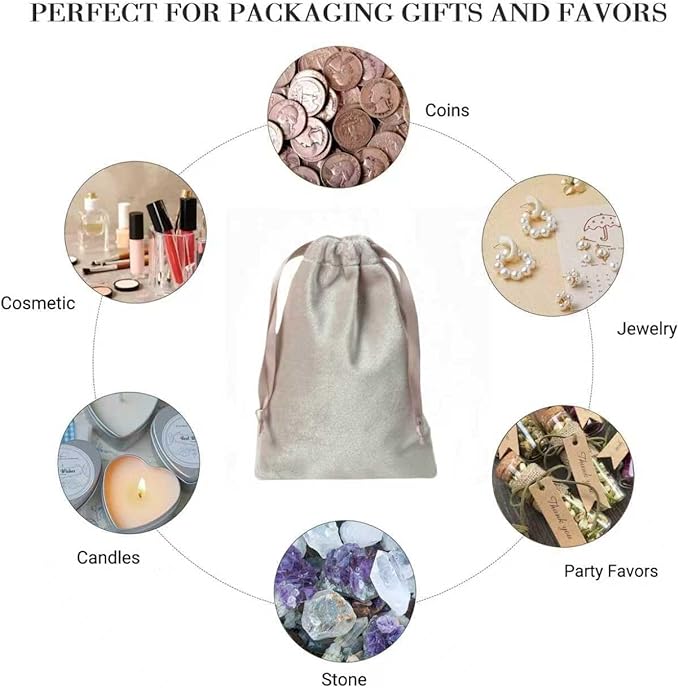 QIANF 12pcs Light Champagne Velvet Drawstring Bags 4x6 inches Glossy Small Velvet Cloth Gift Bags Jewelry Pouches for Storage Wedding Party Favor Christmas