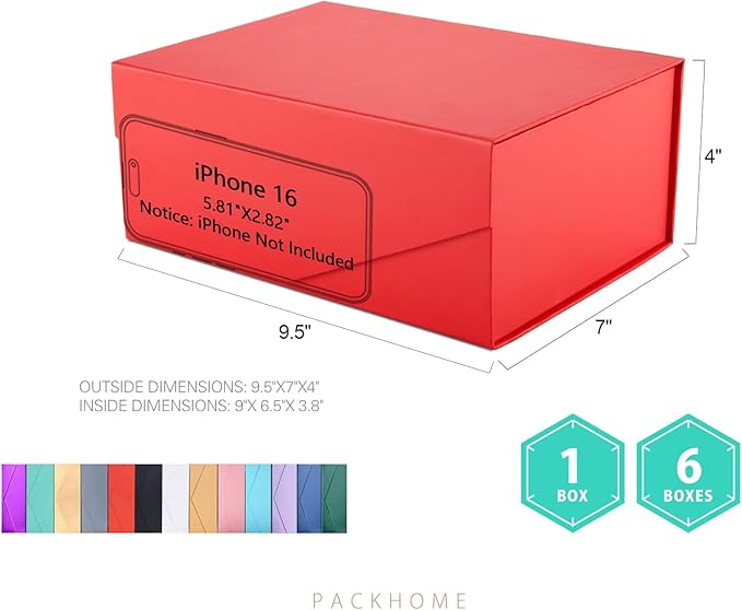 PACKHOME 6 Christmas Gift Boxes 9x6.5x3.8 Inches, Rectangle Collapsible Boxes with Magnetic Lids for Xmas Gift Packaging (Matte Red, Grain Texture)