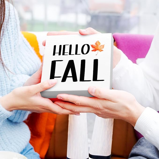 Funny Autumn Wood Box Sign Hello Fall Wooden Block Desk Decor for Home Office Kitchen Cubicle Table Shelf Tabletop,Farmhouse Fall Sign Decor