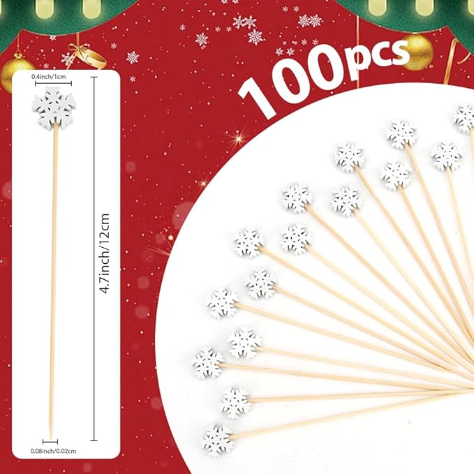 100pcs Snowflake Toothpicks For Appetizers Cocktail Skewers For Drinks Christmas Fruit Picks Snowflake Picks Cocktail Sticks For Garnish Fancy Toothpicks For Charcuterie Cocktail Party Supplies