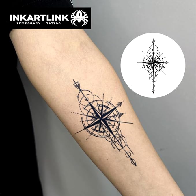 INKARTLINK Semi Permanent Tattoo, Temporary Tattoo, cool boy's gift, adult art design, party gift, waterproof, realistic, no adhesive, no reflective (Commander and Astrolabe)