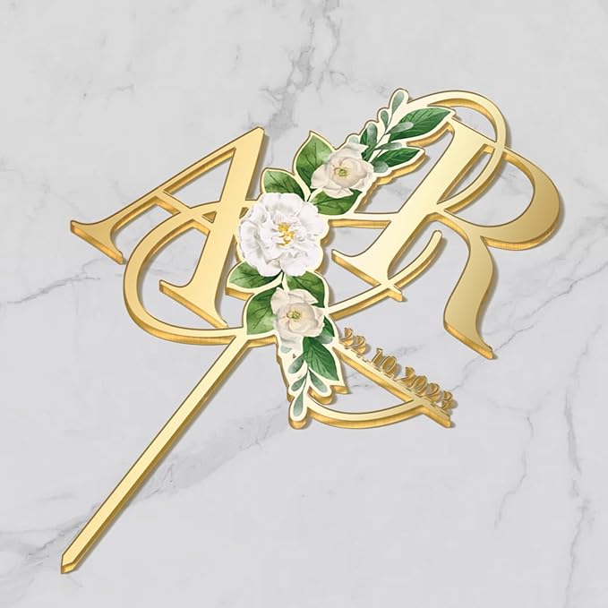 Personalized Wedding Cake Topper in Acrylic Custom Initials & Date Wedding Cake Decoration Printed with Flowers & Green Leaves