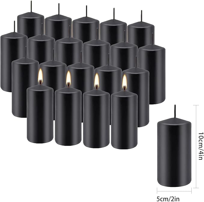 Set of 20 Black Pillar Candles,Dripless and Smokeless Dinner Candle, 2x4” Pillar Candles for for Halloween, Christmas, Home Decor, Rituals, and Themed Party Decor