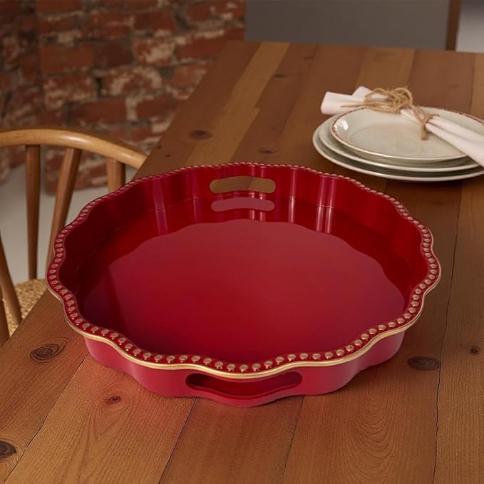 Red Decorative Tray for Coffee Table, Wavy Scallop Beaded Plastic Serving Tray forKitchen Counter, Ottoman, Living Room, (13")