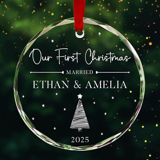 Personalized Round First Christmas Crystal Glass Ornaments Custom 2025 Name Ornament for Christmas Tree Decorations Customized Xmas Tree Hanging Gifts for Family Lover