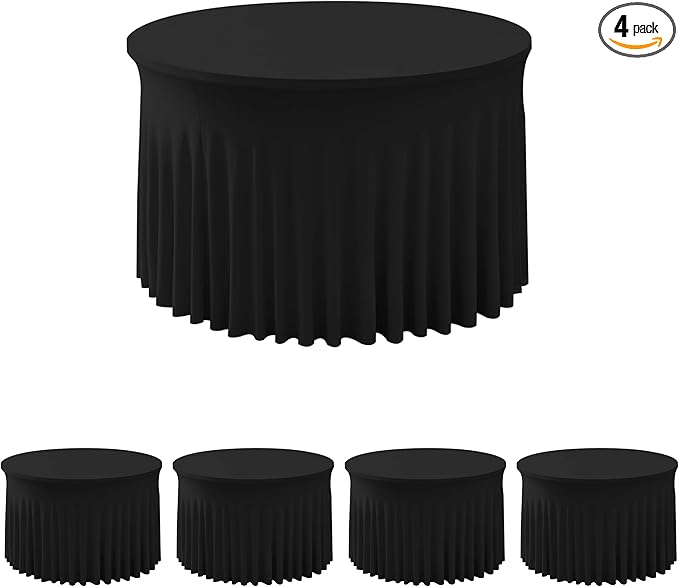 HolidayIdeas Black Spandex 72 in Round Tablecloths, Fitted Stretch Table Skirts for 6ft Round Table, Wrinkle-Free Ruffle Design Tablecloths for Banquets,Trade Shows, Parties, Events, 4 Pack