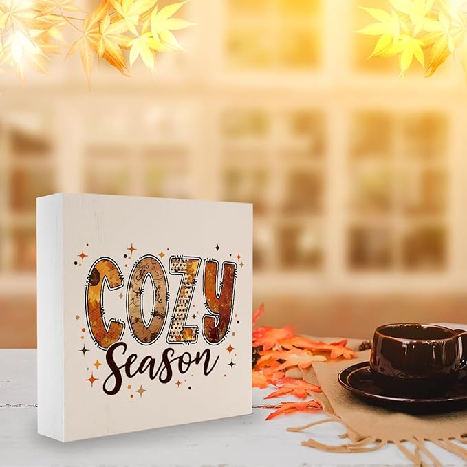 Cozy Season Fall Decor for Home Funny Fall Decorations Vintage Autumn Decor Cute Autumn Pumpkin Decorations for Desk Table 5 x 5 inches
